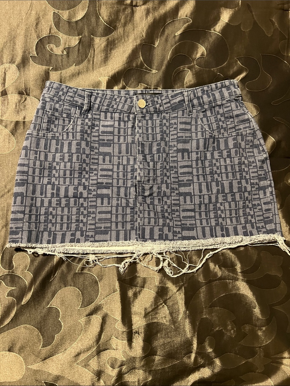 White Fox Boutique Power Hour Denim Mini Skirt All-Over Navy Logo Print Medium
